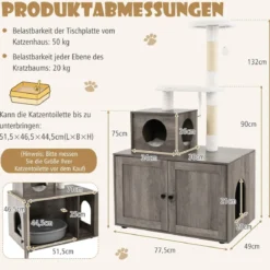 Katzenschrank mit Kratzbaum Gehäuse für Katzentoiletten Katzenmöbel Weiß/Grau/Rustikales Braun