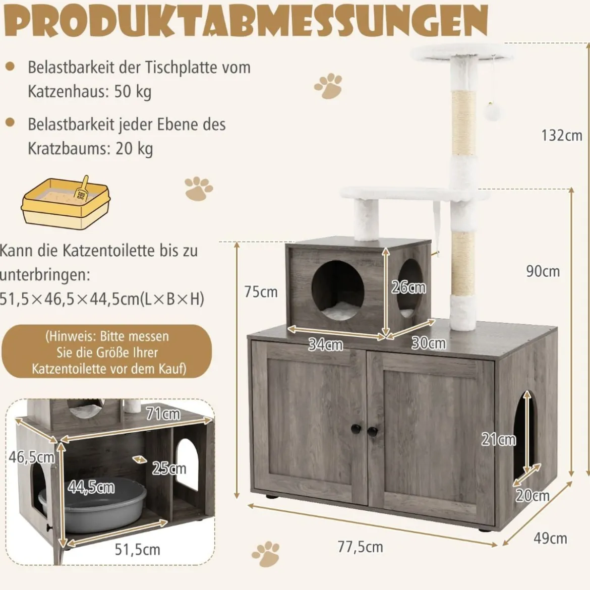 Katzenschrank mit Kratzbaum Gehäuse für Katzentoiletten Katzenmöbel Weiß/Grau/Rustikales Braun
