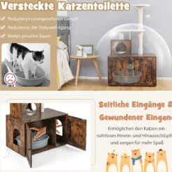Katzenschrank mit Kratzbaum Gehäuse für Katzentoiletten Katzenmöbel Weiß/Grau/Rustikales Braun