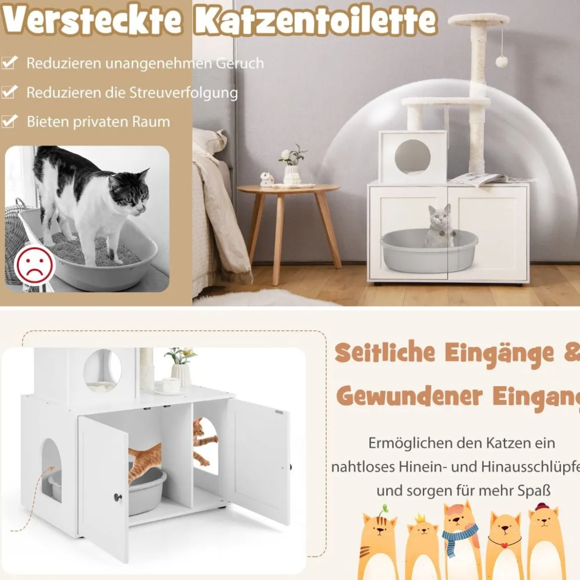 Katzenschrank mit Kratzbaum Gehäuse für Katzentoiletten Katzenmöbel Weiß/Grau/Rustikales Braun