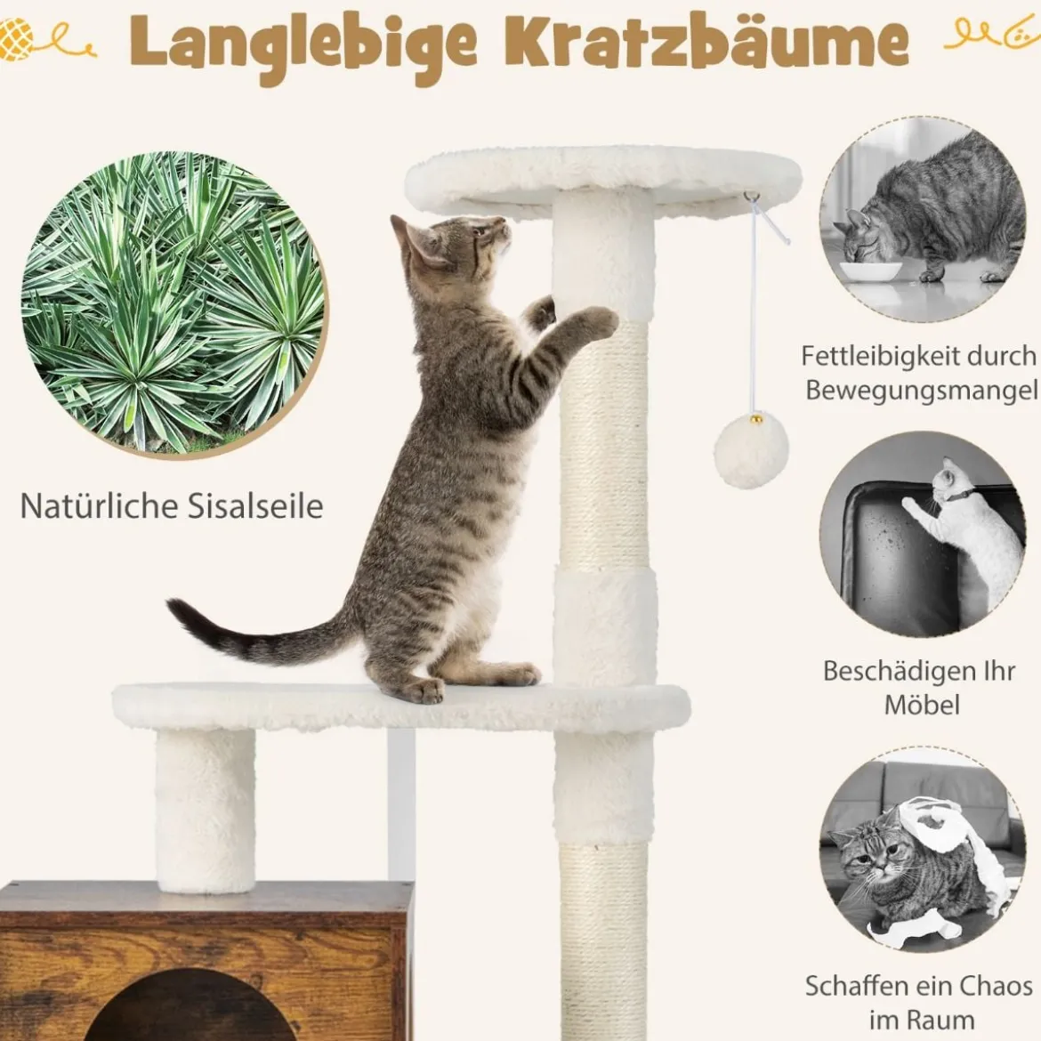 Katzenschrank mit Kratzbaum Gehäuse für Katzentoiletten Katzenmöbel Weiß/Grau/Rustikales Braun