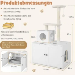 Katzenschrank mit Kratzbaum Gehäuse für Katzentoiletten Katzenmöbel Weiß/Grau/Rustikales Braun