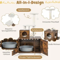 Katzenschrank mit Kratzbaum Gehäuse für Katzentoiletten Katzenmöbel Weiß/Grau/Rustikales Braun