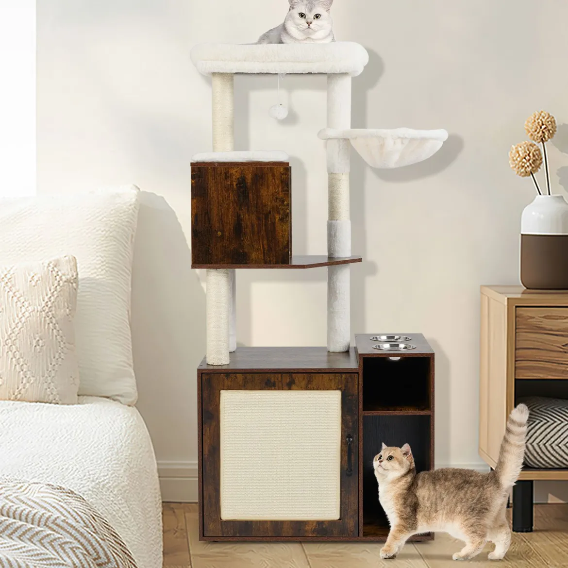 Katzenschrank mit Kratzbaum Katzenturm mit Sisal-Kratzpfosten Kratzmatte & hängendem Ball Katzenbaum Braun