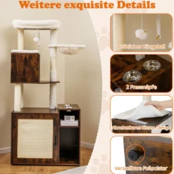 Katzenschrank mit Kratzbaum Katzenturm mit Sisal-Kratzpfosten Kratzmatte & hängendem Ball Katzenbaum Braun