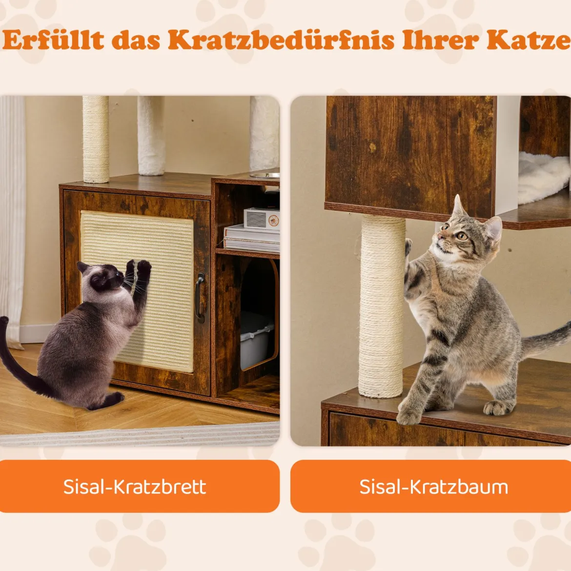 Katzenschrank mit Kratzbaum Katzenturm mit Sisal-Kratzpfosten Kratzmatte & hängendem Ball Katzenbaum Braun