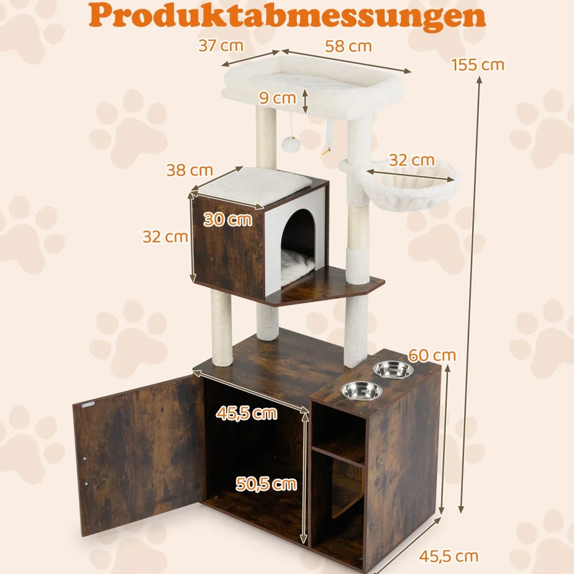Katzenschrank mit Kratzbaum Katzenturm mit Sisal-Kratzpfosten Kratzmatte & hängendem Ball Katzenbaum Braun
