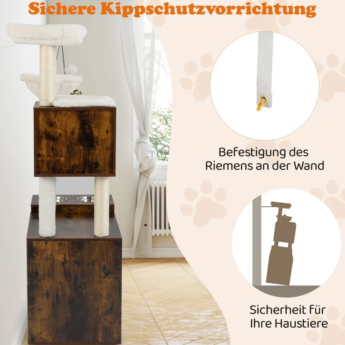 Katzenschrank mit Kratzbaum Katzenturm mit Sisal-Kratzpfosten Kratzmatte & hängendem Ball Katzenbaum Braun