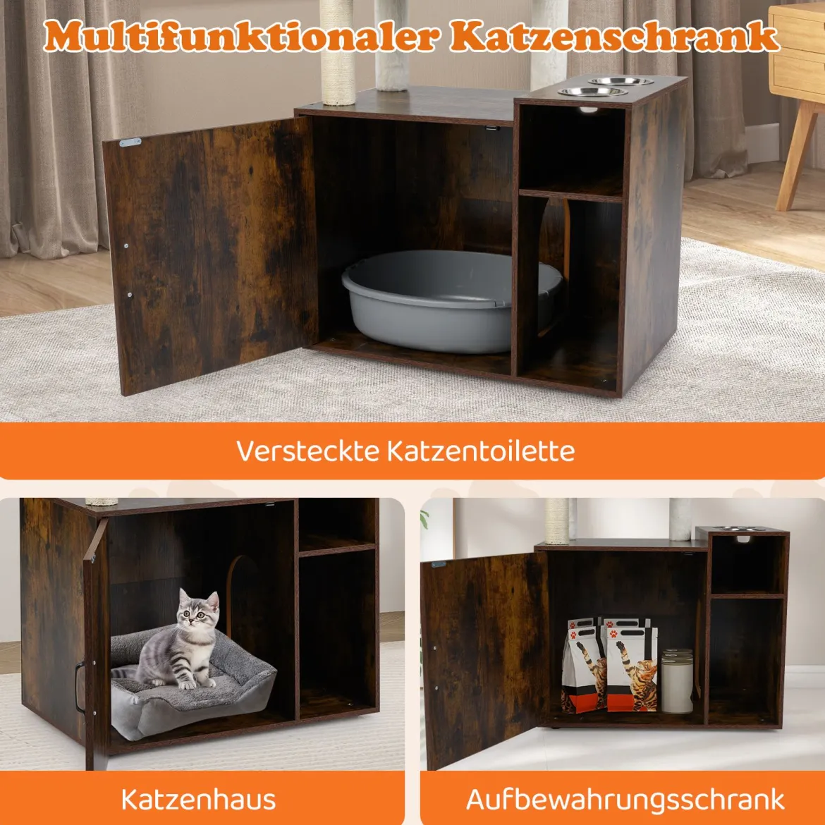 Katzenschrank mit Kratzbaum Katzenturm mit Sisal-Kratzpfosten Kratzmatte & hängendem Ball Katzenbaum Braun