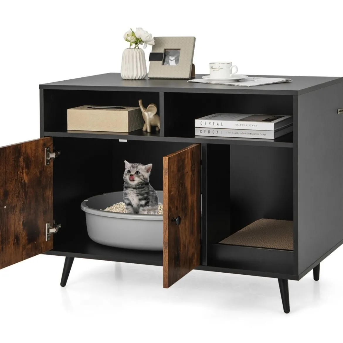 Katzenschrank mit Kratzunterlage & Schrägen Metallbeinen 90 x 50 x 70 cm