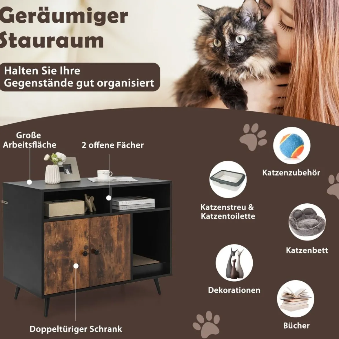 Katzenschrank mit Kratzunterlage & Schrägen Metallbeinen 90 x 50 x 70 cm
