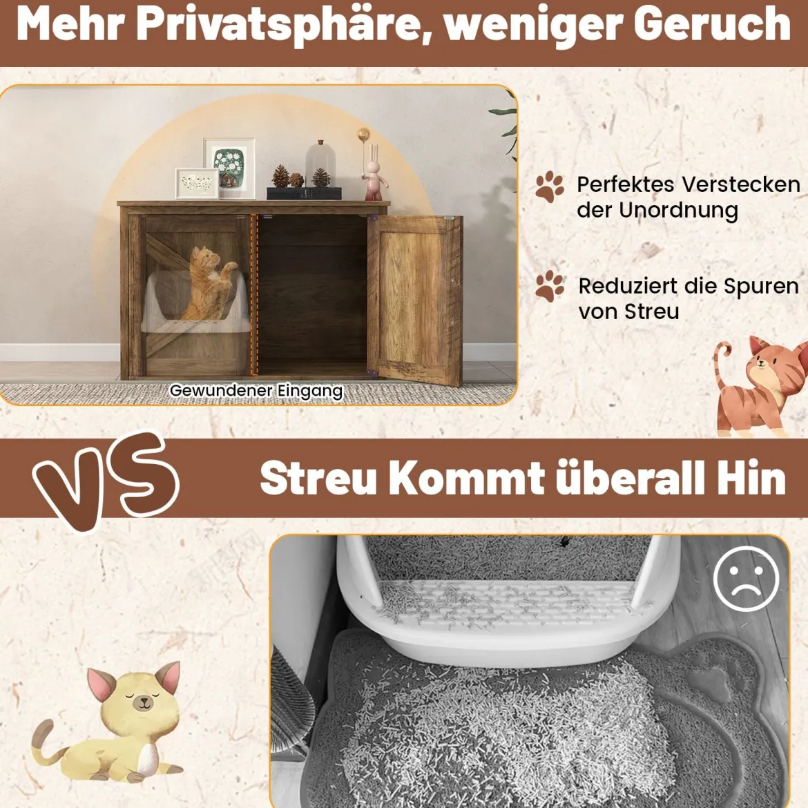 Katzentoilette mit Doppeltür Katzenschrank Trennwand Katzenhaus Katzenklo Schrank Eiche