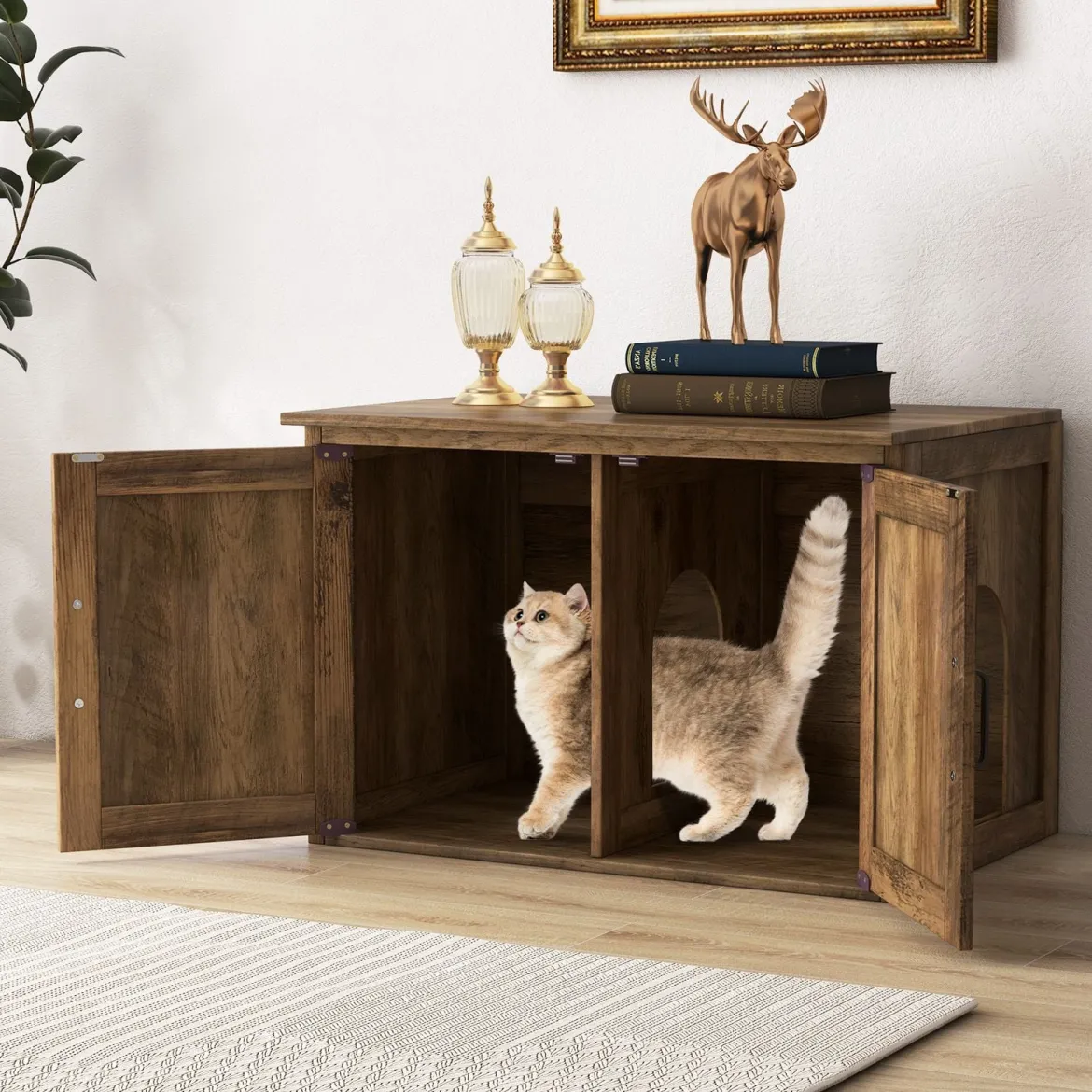 Katzentoilette mit Doppeltür Katzenschrank Trennwand Katzenhaus Katzenklo Schrank Eiche