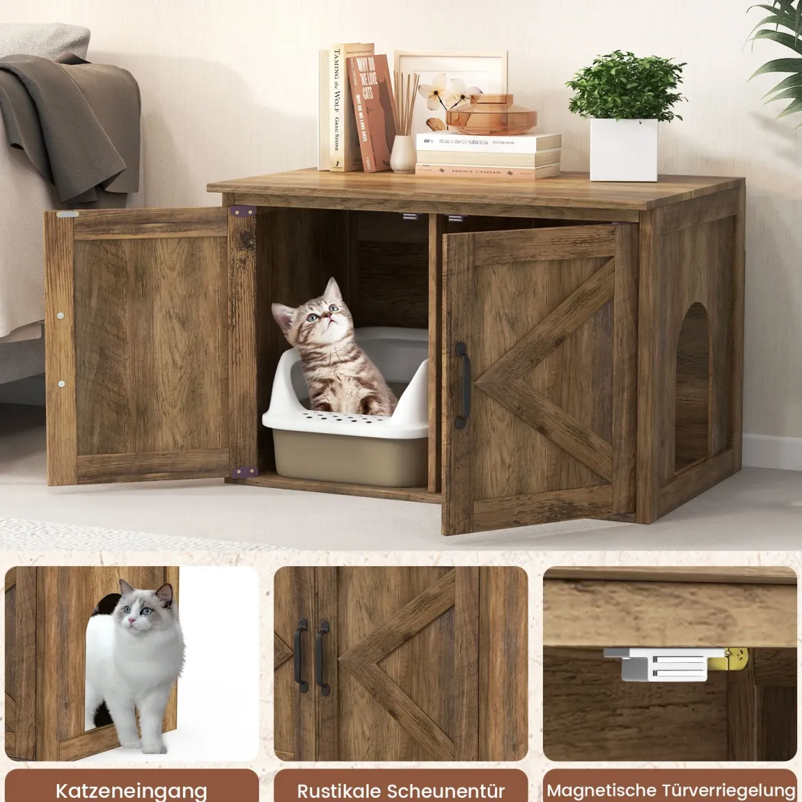 Katzentoilette mit Doppeltür Katzenschrank Trennwand Katzenhaus Katzenklo Schrank Eiche