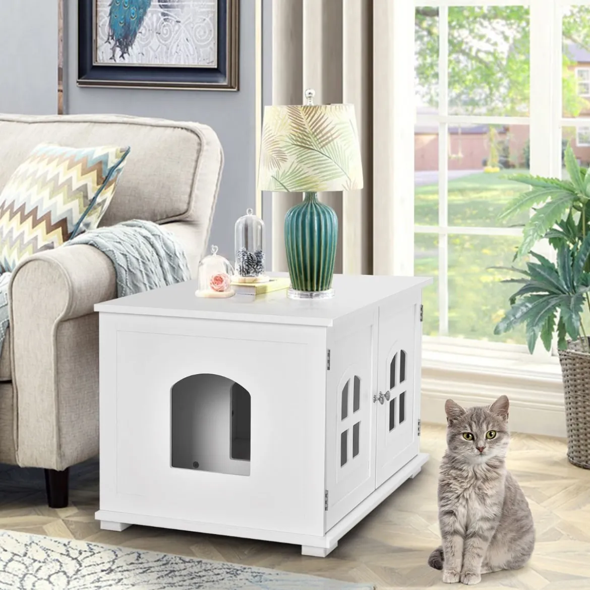 Katzentoilettengehäuse Katzenhaus mit Doppeltüren und Fenstern Dekorative Katzentoilette