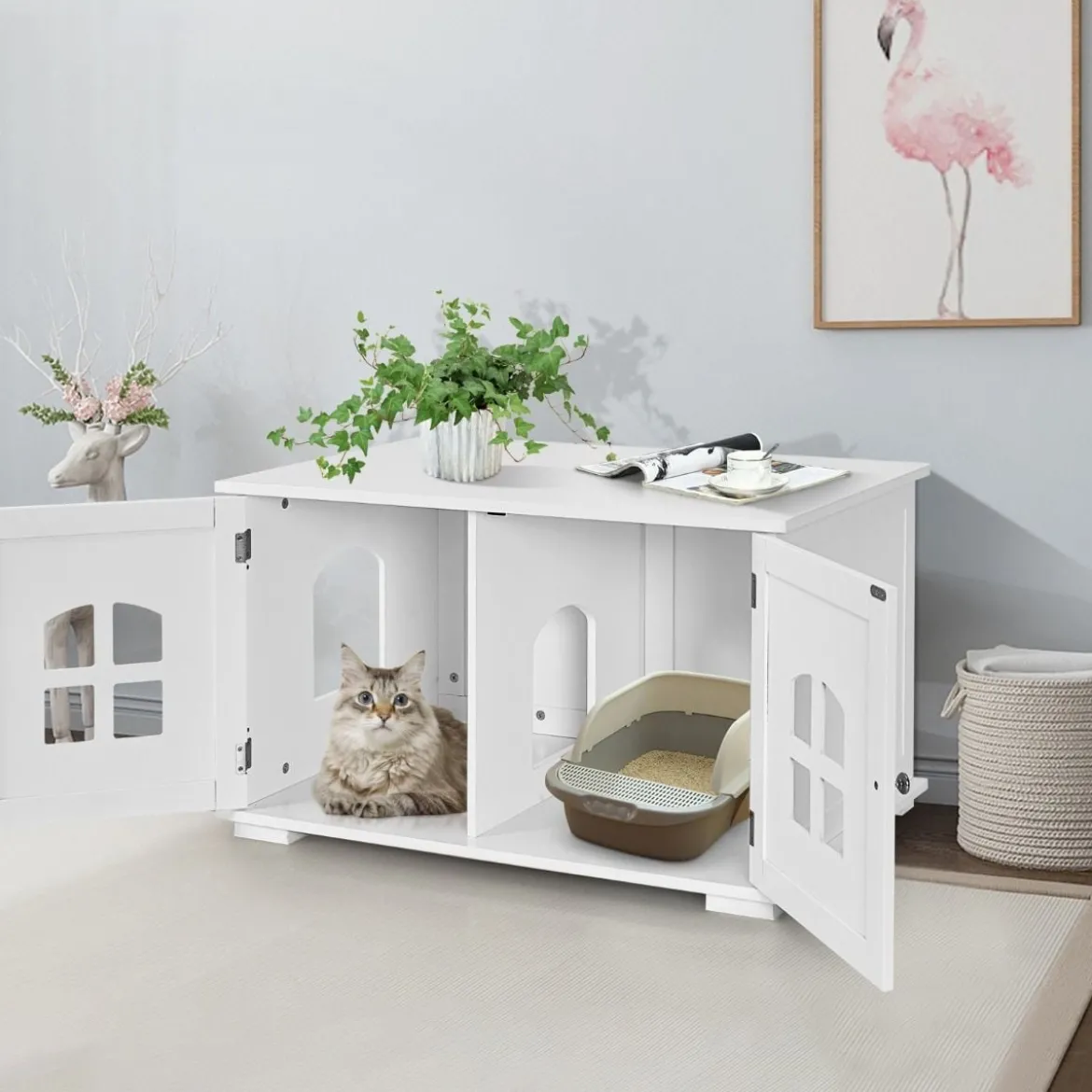 Katzentoilettengehäuse Katzenhaus mit Doppeltüren und Fenstern Dekorative Katzentoilette