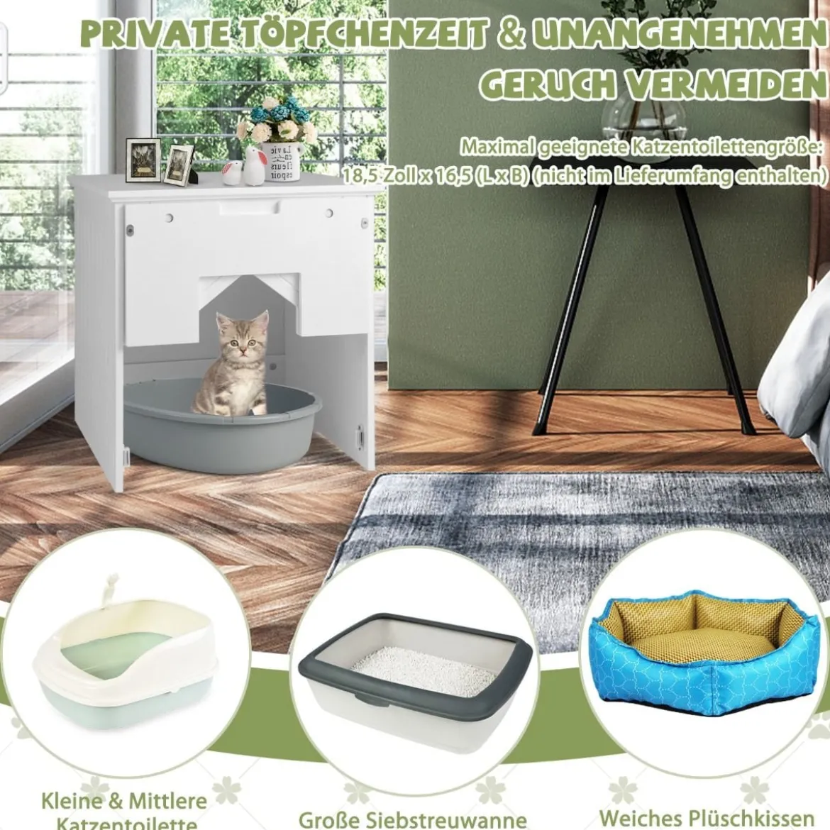 Katzentoiletten-Gehäuse mit magnetischer halber Klapptür & Katzenloch Weiß