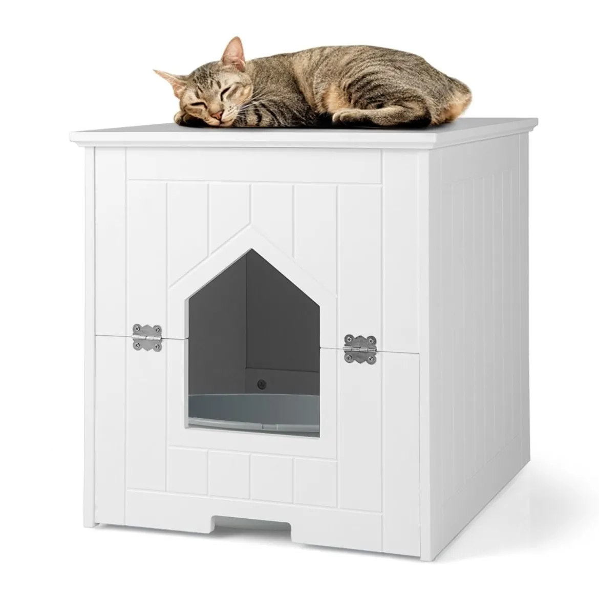 Katzentoiletten-Gehäuse mit magnetischer halber Klapptür & Katzenloch Weiß