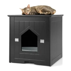 Katzentoiletten-Gehäuse mit magnetischer halber Klapptür & Katzenloch Schwarz