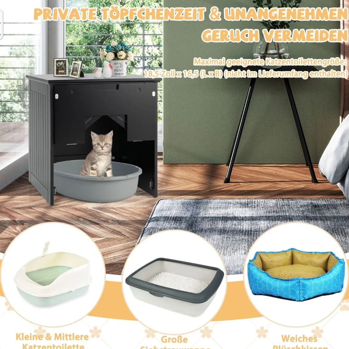 Katzentoiletten-Gehäuse mit magnetischer halber Klapptür & Katzenloch Schwarz