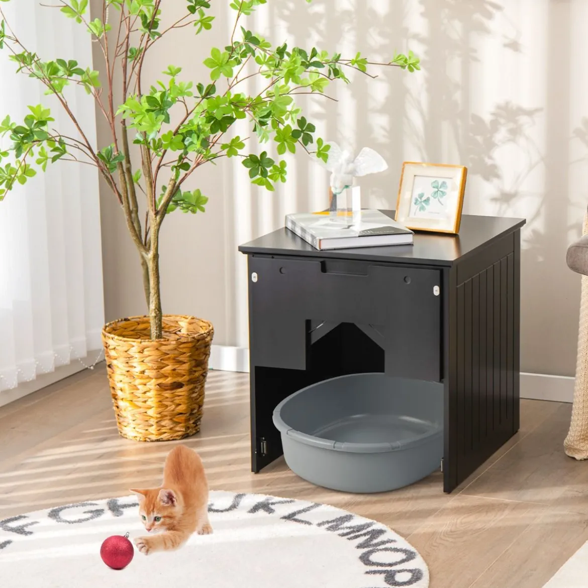 Katzentoiletten-Gehäuse mit magnetischer halber Klapptür & Katzenloch Schwarz
