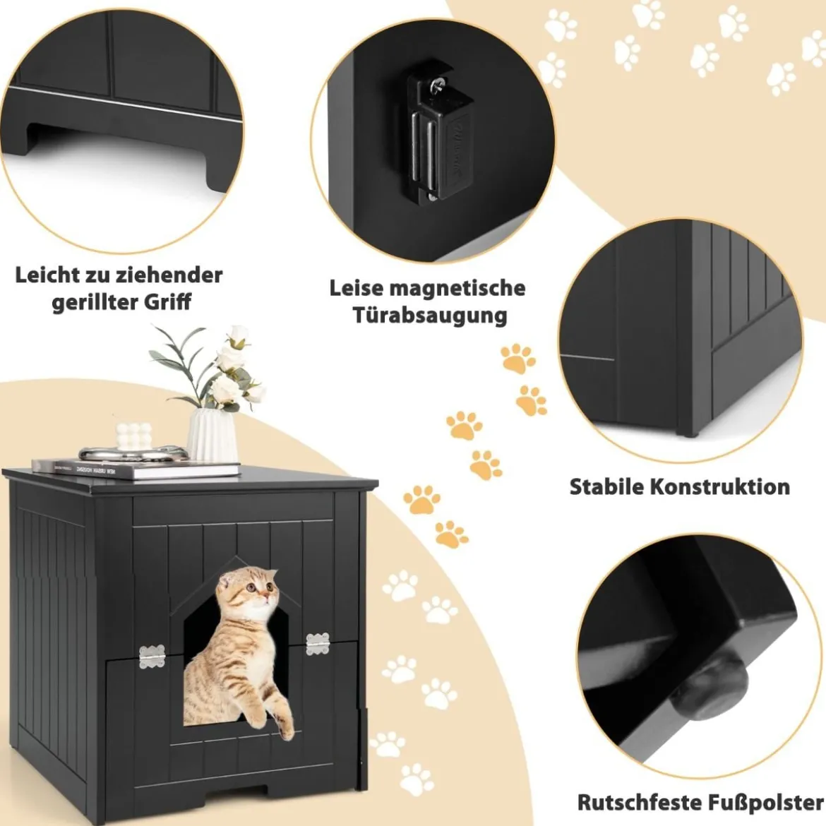 Katzentoiletten-Gehäuse mit magnetischer halber Klapptür & Katzenloch Schwarz