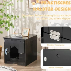 Katzentoiletten-Gehäuse mit magnetischer halber Klapptür & Katzenloch Schwarz