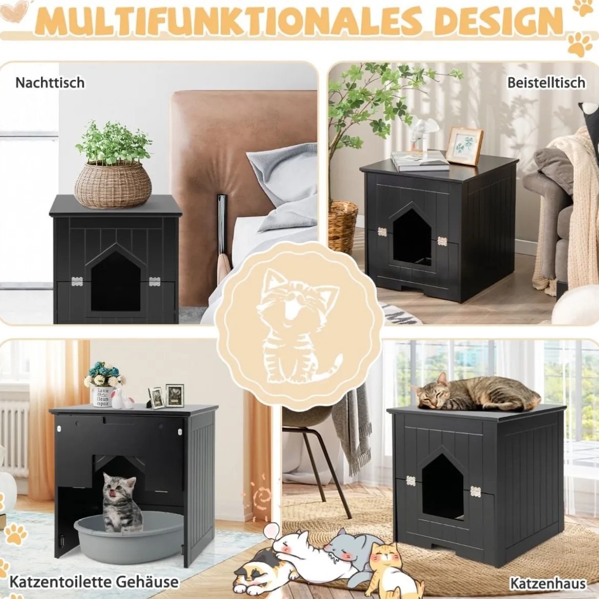 Katzentoiletten-Gehäuse mit magnetischer halber Klapptür & Katzenloch Schwarz