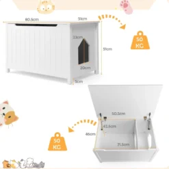 Katzentoiletten Gehäuse mit oberer Öffnung & abnehmbarer Trennwand & Metallhaken & Bein aus Kiefernholz Weiß