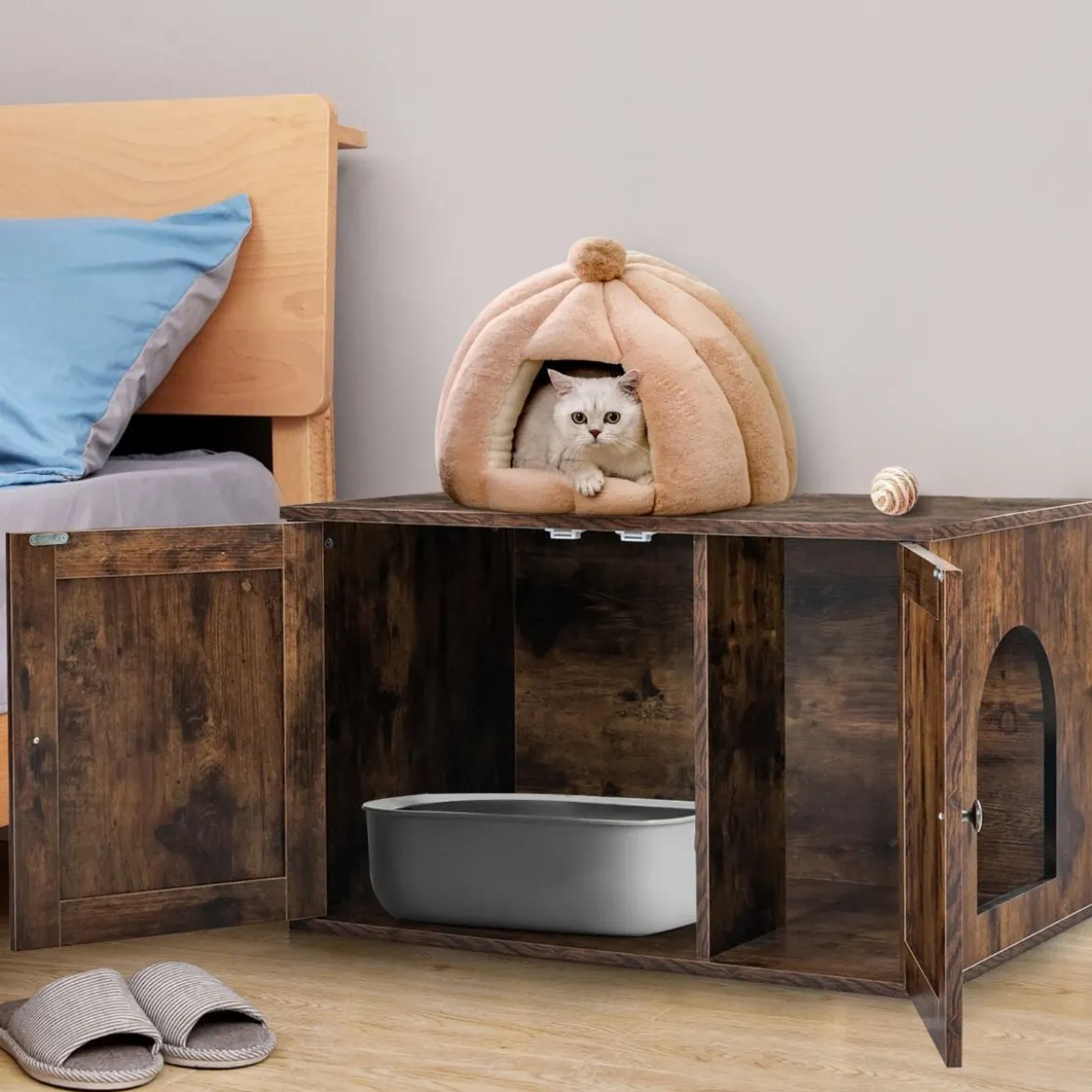 Katzentoiletten-Gehäuse mit Türen & abnehmbarer Zwischenwand 80 x 52,5x 49 cm Braun