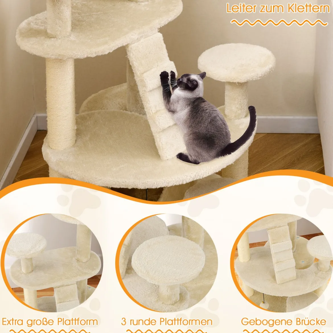 Katzenturm für erwachsene Katzen mehrstufiger Kletterbaum mit Höhle gepolstertem Sitz Beige