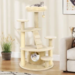 Katzenturm für erwachsene Katzen mehrstufiger Kletterbaum mit Höhle gepolstertem Sitz Beige