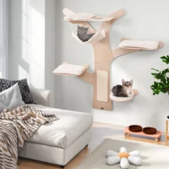 Katzenturm zur Wandmontage mit Hängematte & 4 Plattformen & Sisal-Kratzmatte Katzenwandregale