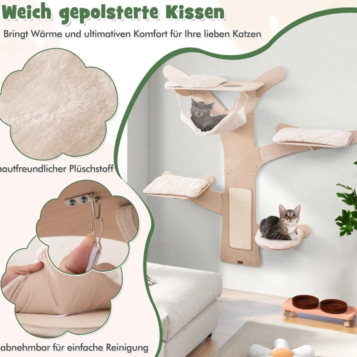 Katzenturm zur Wandmontage mit Hängematte & 4 Plattformen & Sisal-Kratzmatte Katzenwandregale