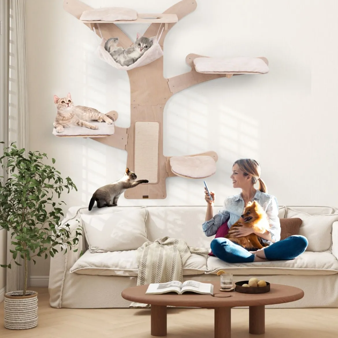 Katzenturm zur Wandmontage mit Hängematte & 4 Plattformen & Sisal-Kratzmatte Katzenwandregale