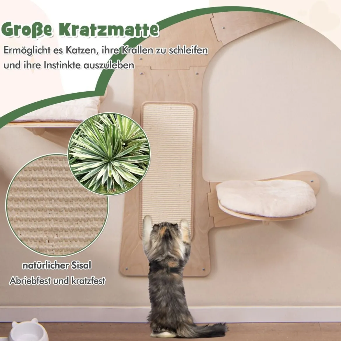 Katzenturm zur Wandmontage mit Hängematte & 4 Plattformen & Sisal-Kratzmatte Katzenwandregale