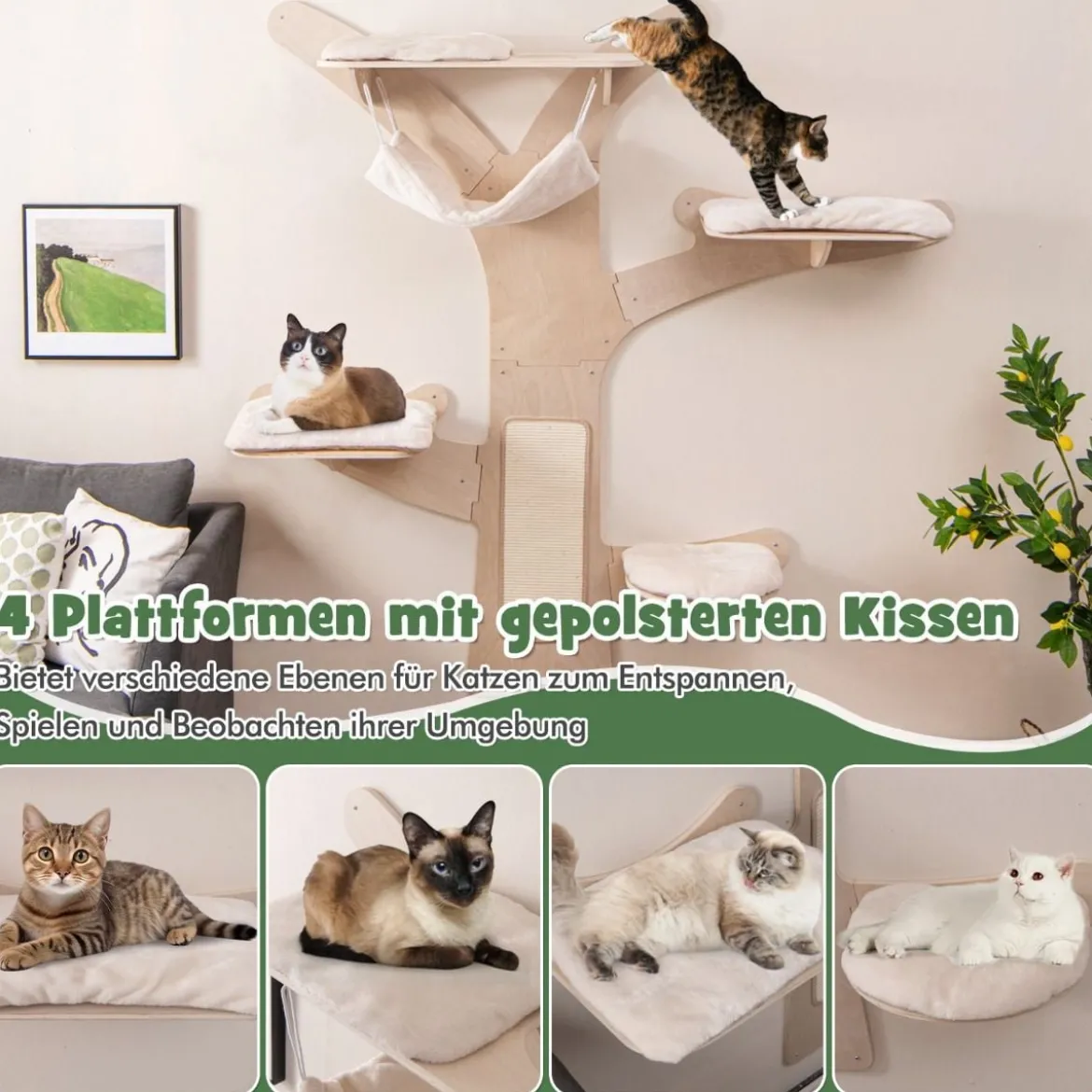 Katzenturm zur Wandmontage mit Hängematte & 4 Plattformen & Sisal-Kratzmatte Katzenwandregale