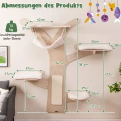 Katzenturm zur Wandmontage mit Hängematte & 4 Plattformen & Sisal-Kratzmatte Katzenwandregale