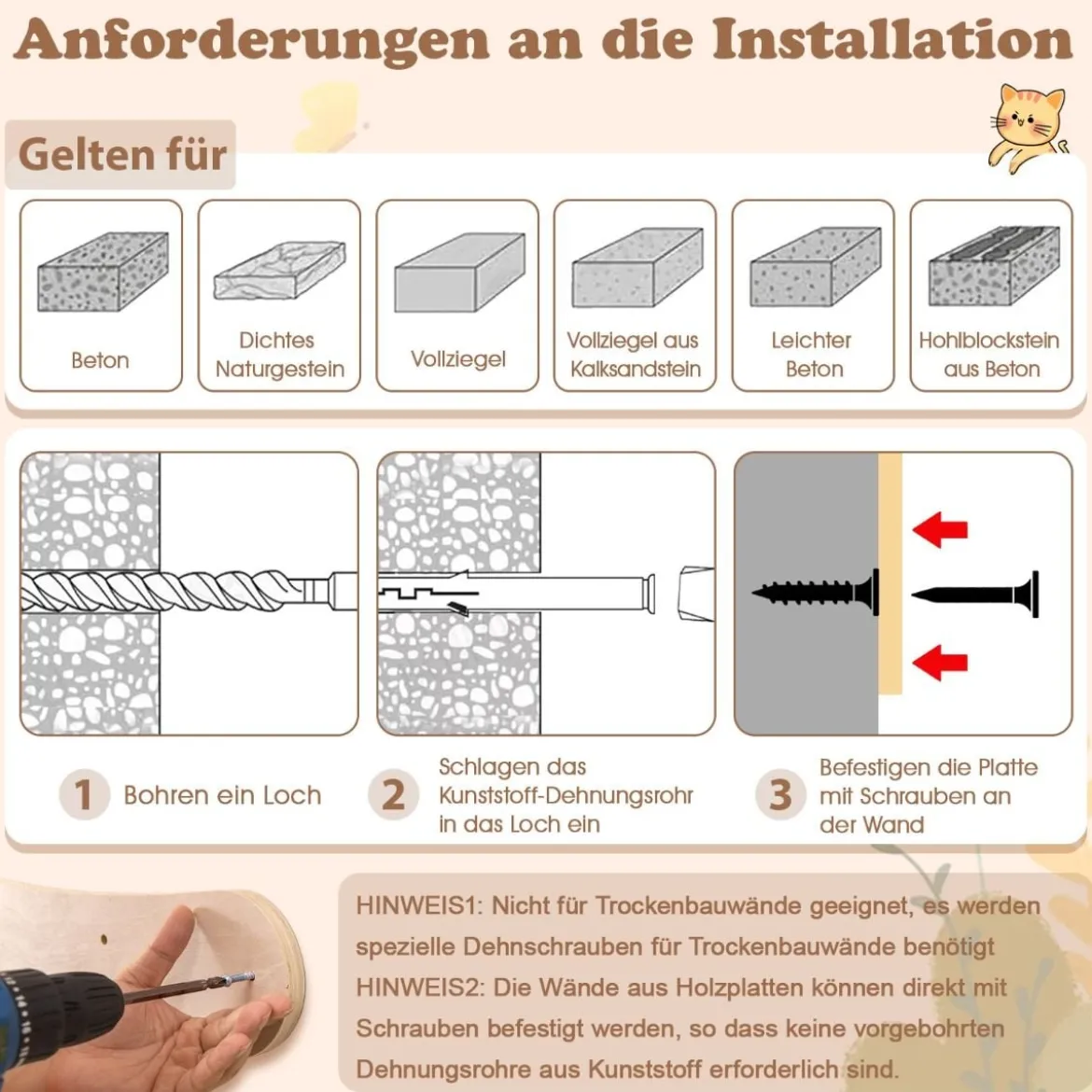 Katzenturm zur Wandmontage mit Bett & Hängematte & Sisalpfosten Katzenwandregal
