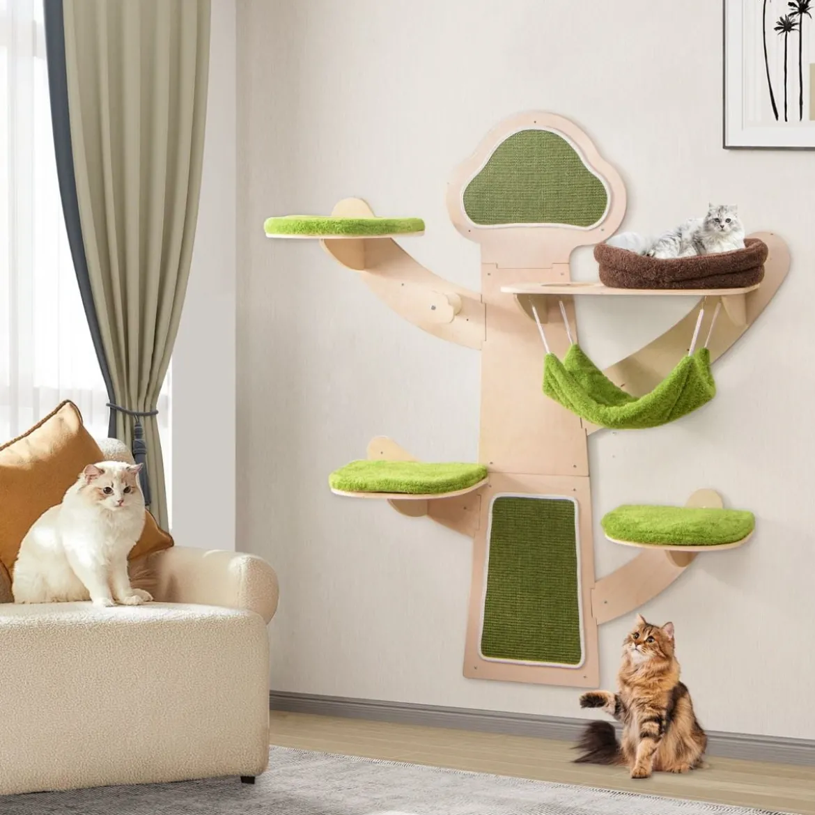 Katzenturm zur Wandmontage mit Bett & Hängematte & Sisalpfosten Katzenwandregal