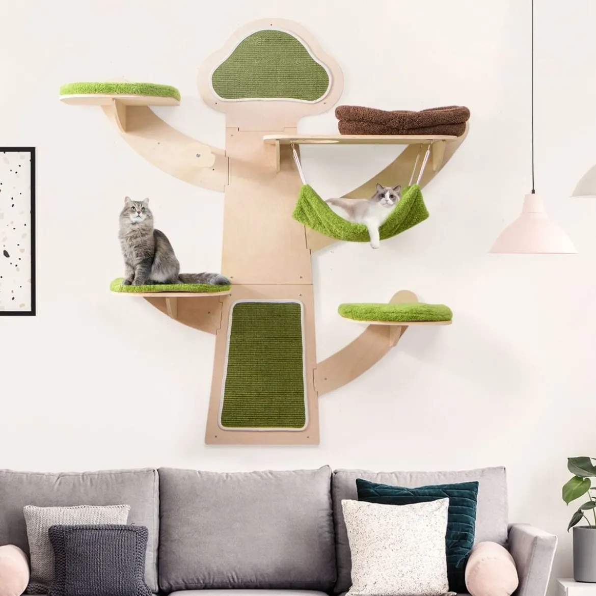 Katzenturm zur Wandmontage mit Bett & Hängematte & Sisalpfosten Katzenwandregal
