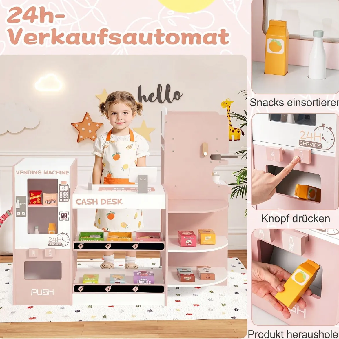 Kaufladen 30TLG. Kaufmannsladen Holz mit Verkaufsautomat & Kasse & Kaffeemaschine Rosa