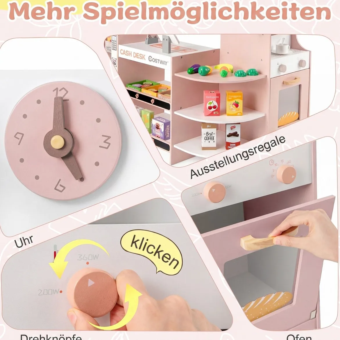 Kaufladen 30TLG. Kaufmannsladen Holz mit Verkaufsautomat & Kasse & Kaffeemaschine Rosa