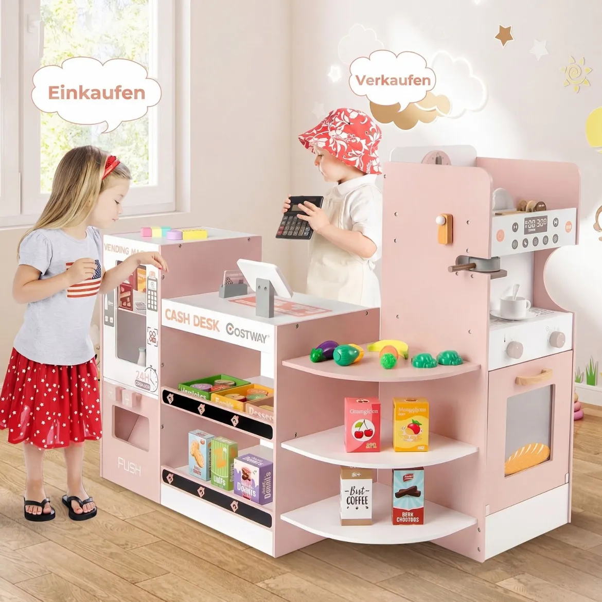 Kaufladen 30TLG. Kaufmannsladen Holz mit Verkaufsautomat & Kasse & Kaffeemaschine Rosa