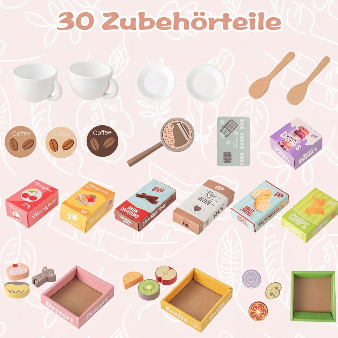 Kaufladen 30TLG. Kaufmannsladen Holz mit Verkaufsautomat & Kasse & Kaffeemaschine Rosa