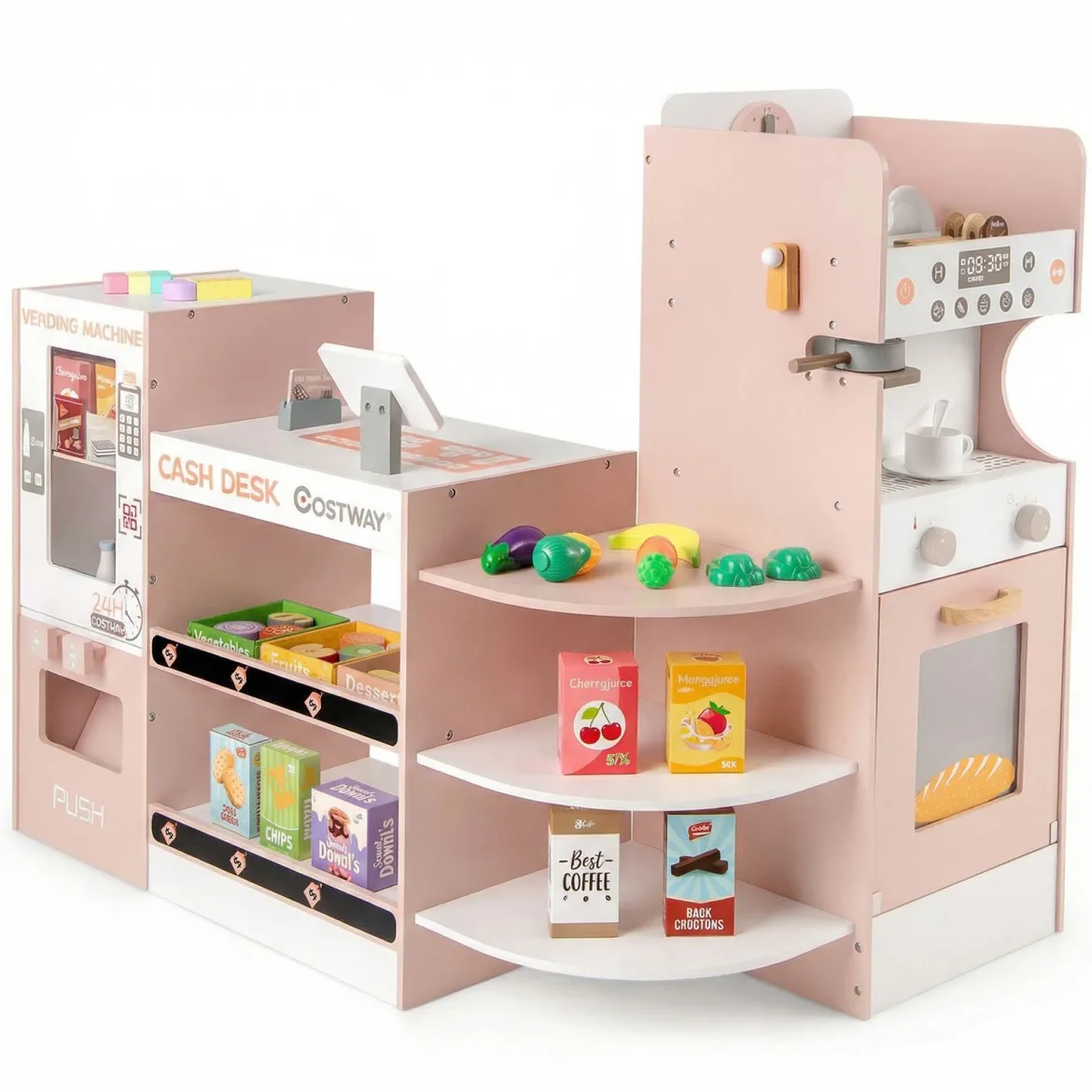 Kaufladen 30TLG. Kaufmannsladen Holz mit Verkaufsautomat & Kasse & Kaffeemaschine Rosa