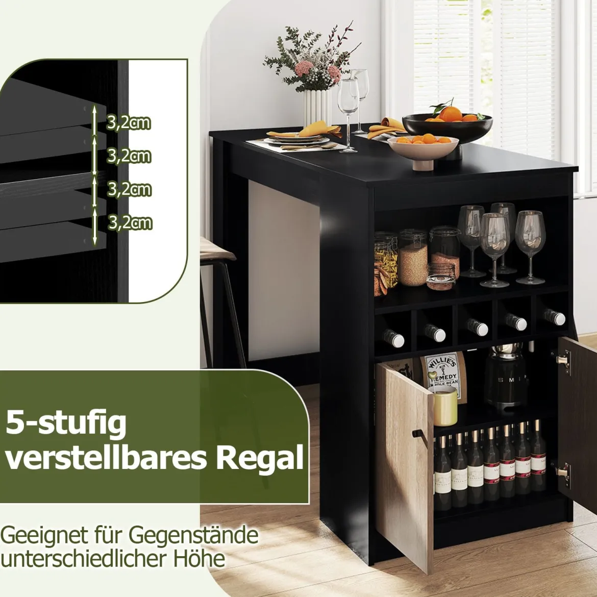 Küche Bartisch mit Weinregalen & Offenen Fächern & 2 Tür Küchentheke 2 Personen HausbarSchwarz