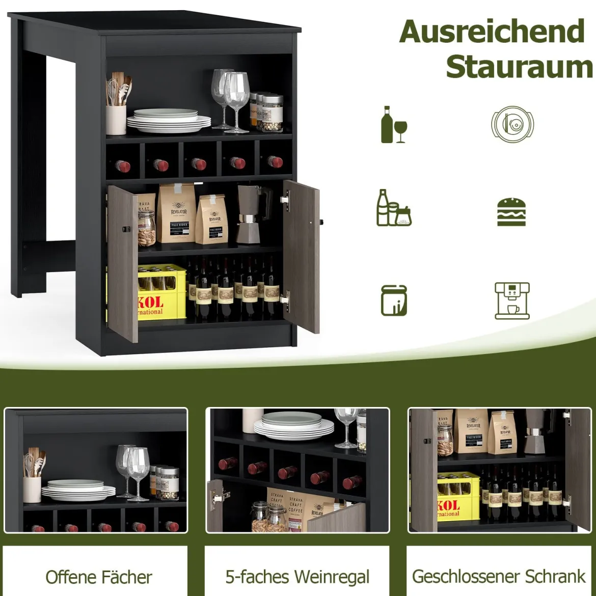 Küche Bartisch mit Weinregalen & Offenen Fächern & 2 Tür Küchentheke 2 Personen HausbarSchwarz