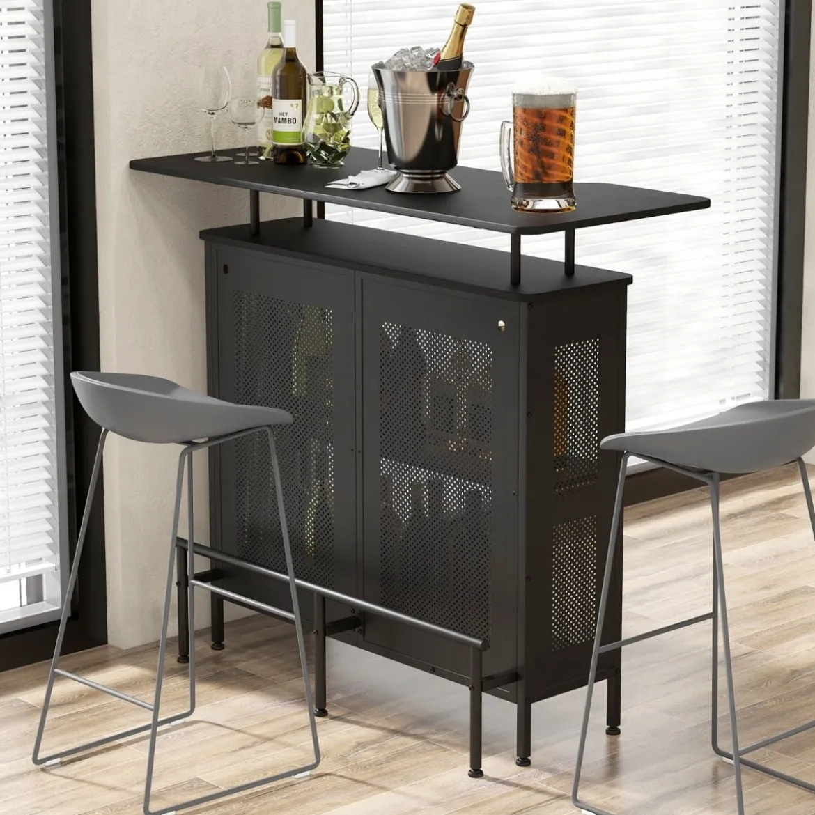 Küche Bartisch mit2 Weinregalen & 6 Glashaltern & Verstellbare Füße 120 x 50 x 106,5 cm Schwarz