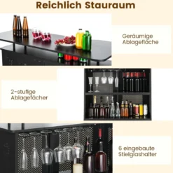 Küche Bartisch mit2 Weinregalen & 6 Glashaltern & Verstellbare Füße 120 x 50 x 106,5 cm Schwarz
